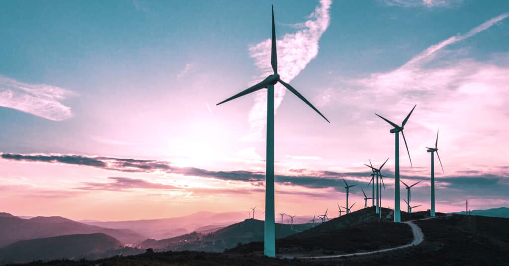 Wind turbines with pink sunset