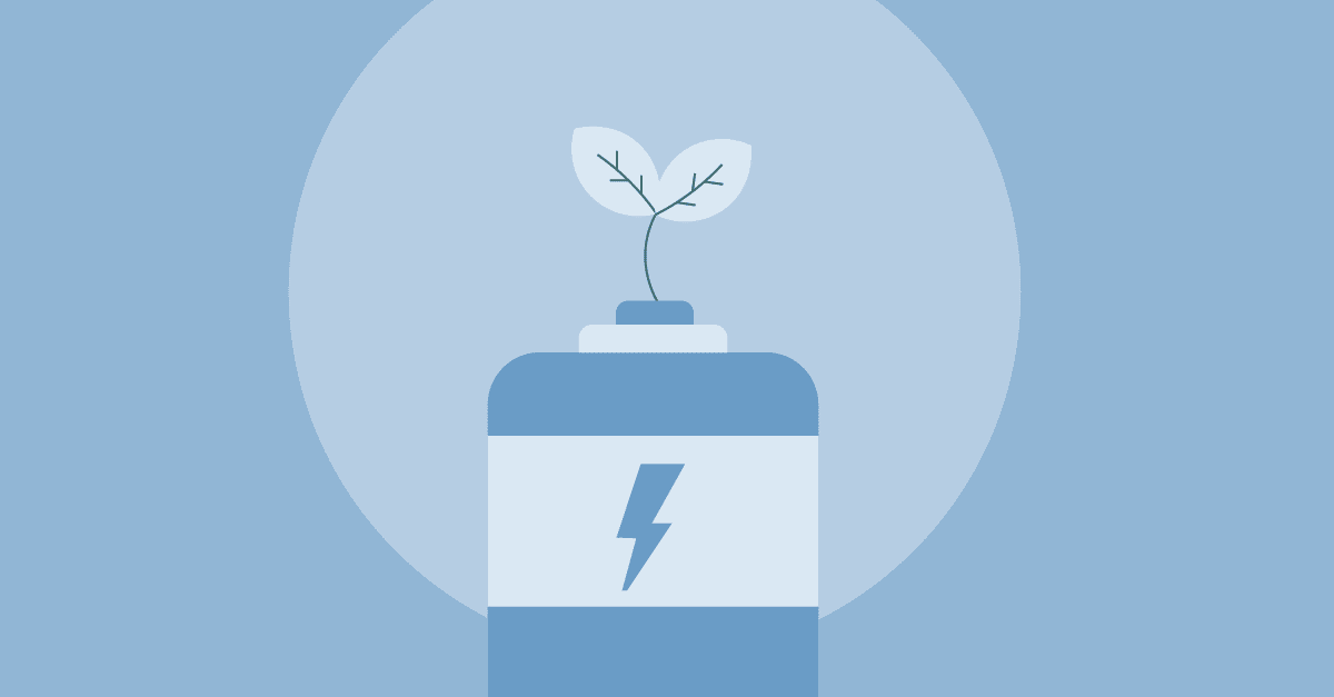 Battery icon with light blue background and circle with a little plant coming out of a battery graphic