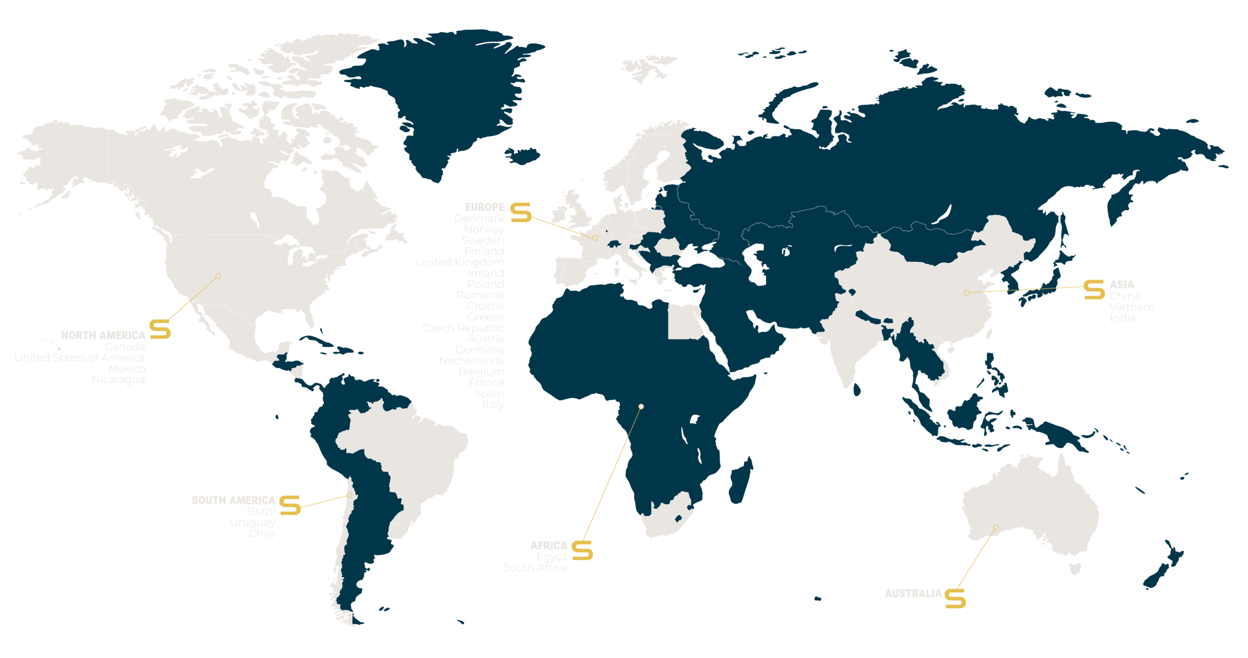 A project map illustrating the geographic reach of a company that specializes in SCADA systems. The map showcases various ongoing and completed projects across different regions, represented by markers of varying colors and sizes.